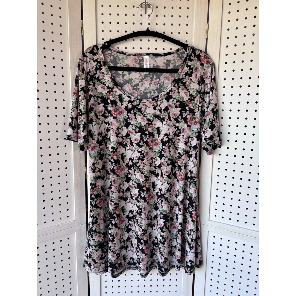 Lularoe Women's Lg Floral Swing Tee Tunic Short SLV Black Coral Green Spring